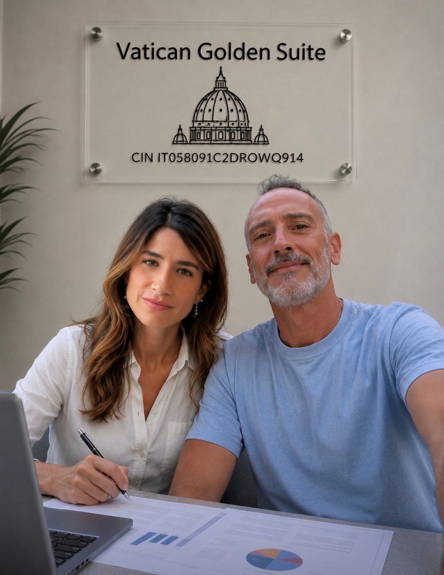 Coppia seduta a un tavolo con laptop, firmando documenti; sul muro “Vatican Golden Suite”.